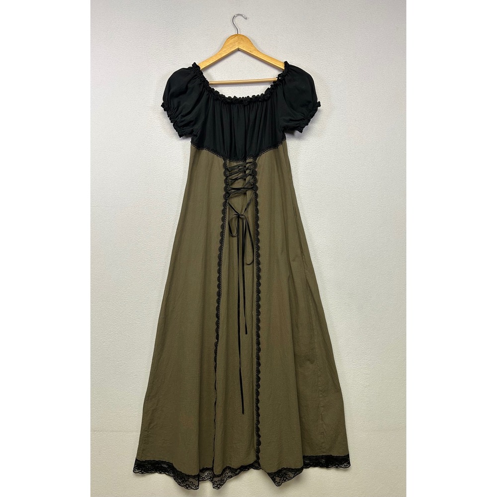 Renaissance Cottagecore Gablincore Womens M Olive Green Corset Back Maxi Dress